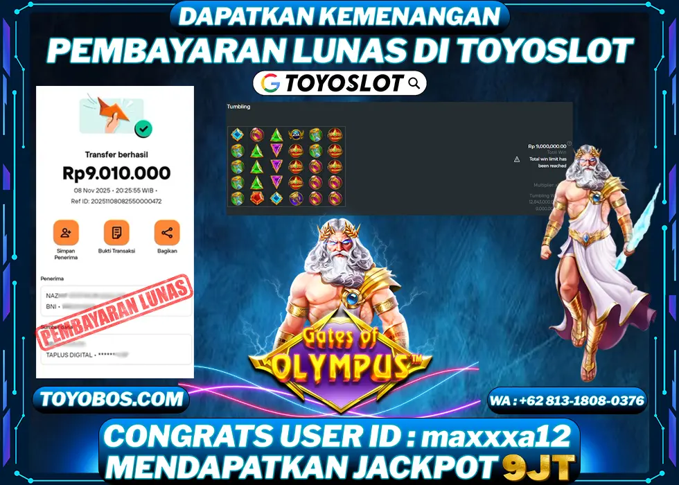 TOYOSLOT - BUKTI KEMENANGAN Gates Of Olympus Rp9,010,000,- LUNAS
